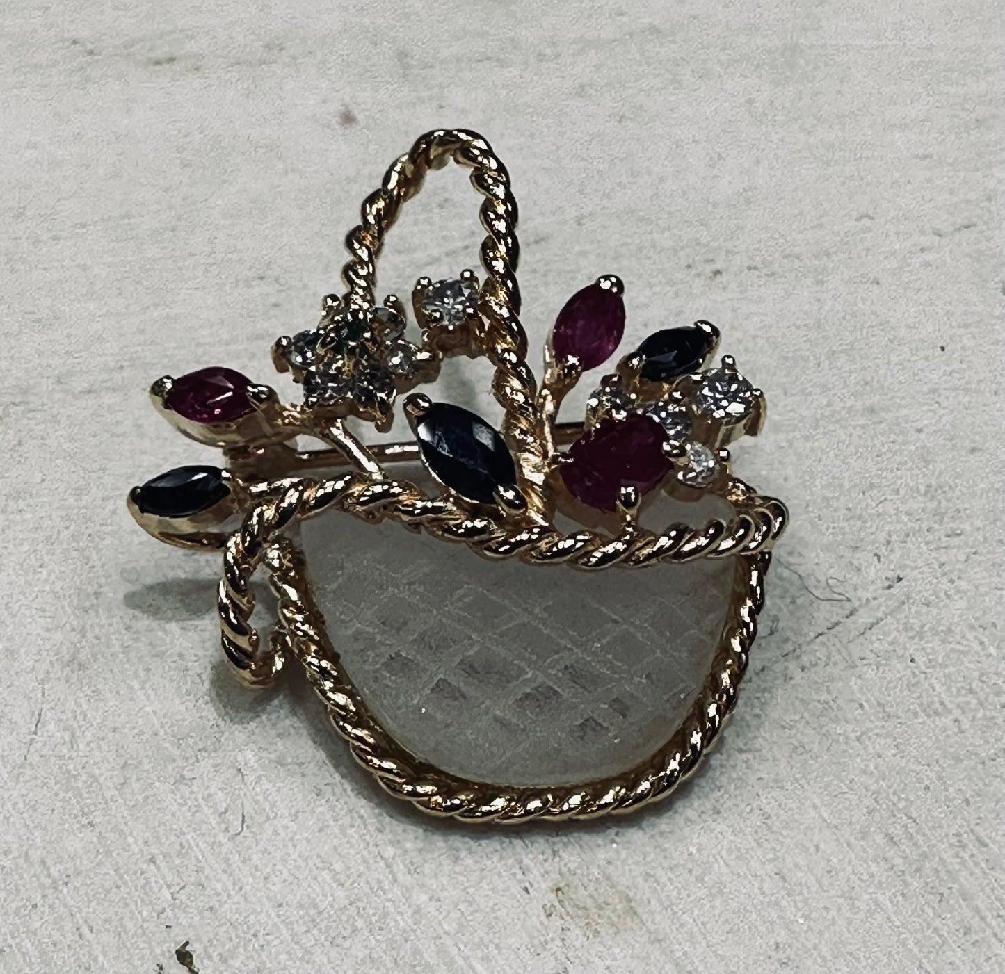 14k Yellow Gold Basket Brooch with Rubies and Sapphires and Diamonds and a Large Moon Stone Art Deco Vintage Piece