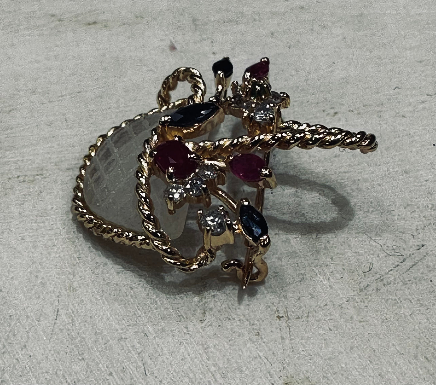 14k Yellow Gold Basket Brooch with Rubies and Sapphires and Diamonds and a Large Moon Stone Art Deco Vintage Piece