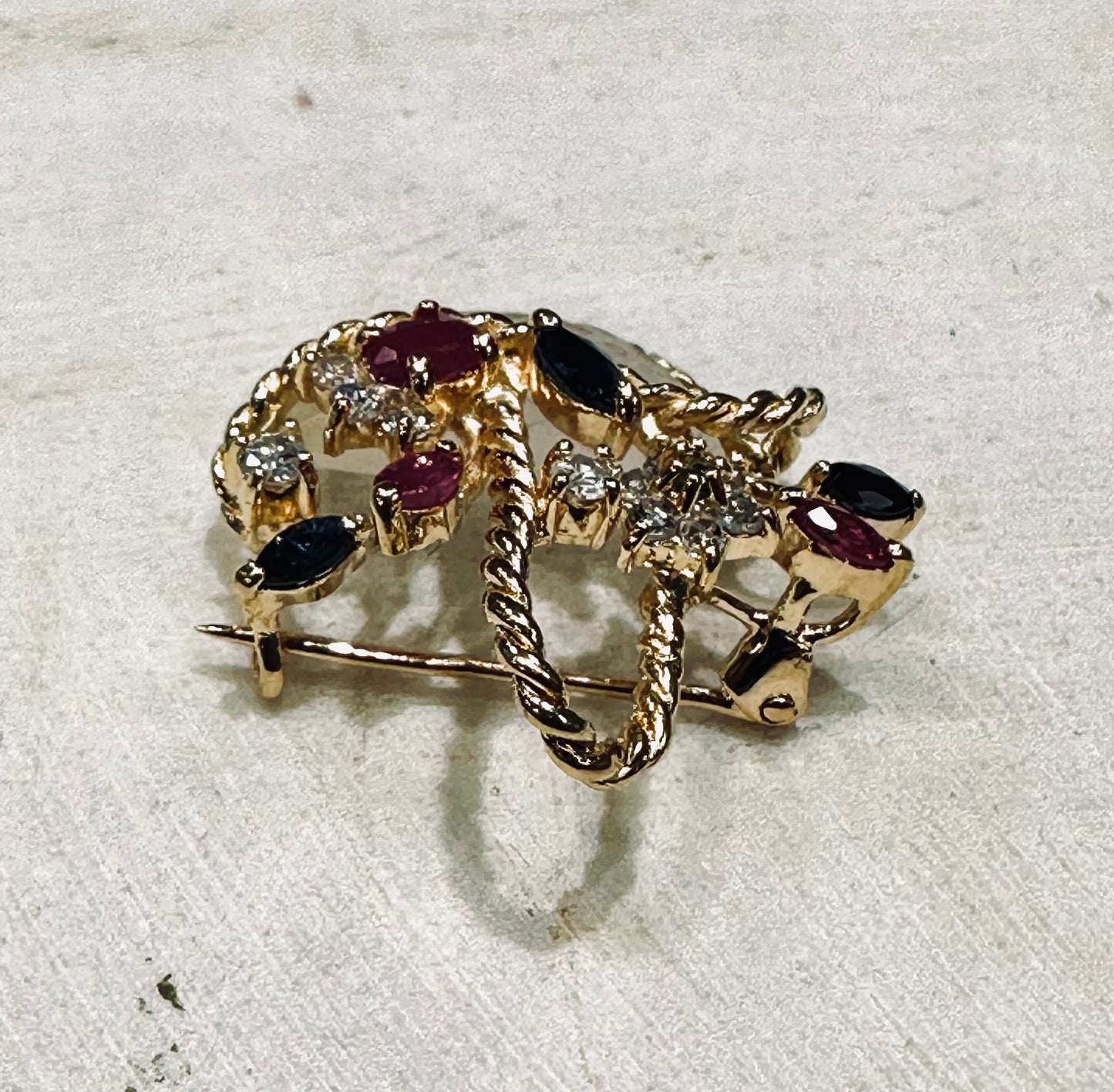 14k Yellow Gold Basket Brooch with Rubies and Sapphires and Diamonds and a Large Moon Stone Art Deco Vintage Piece