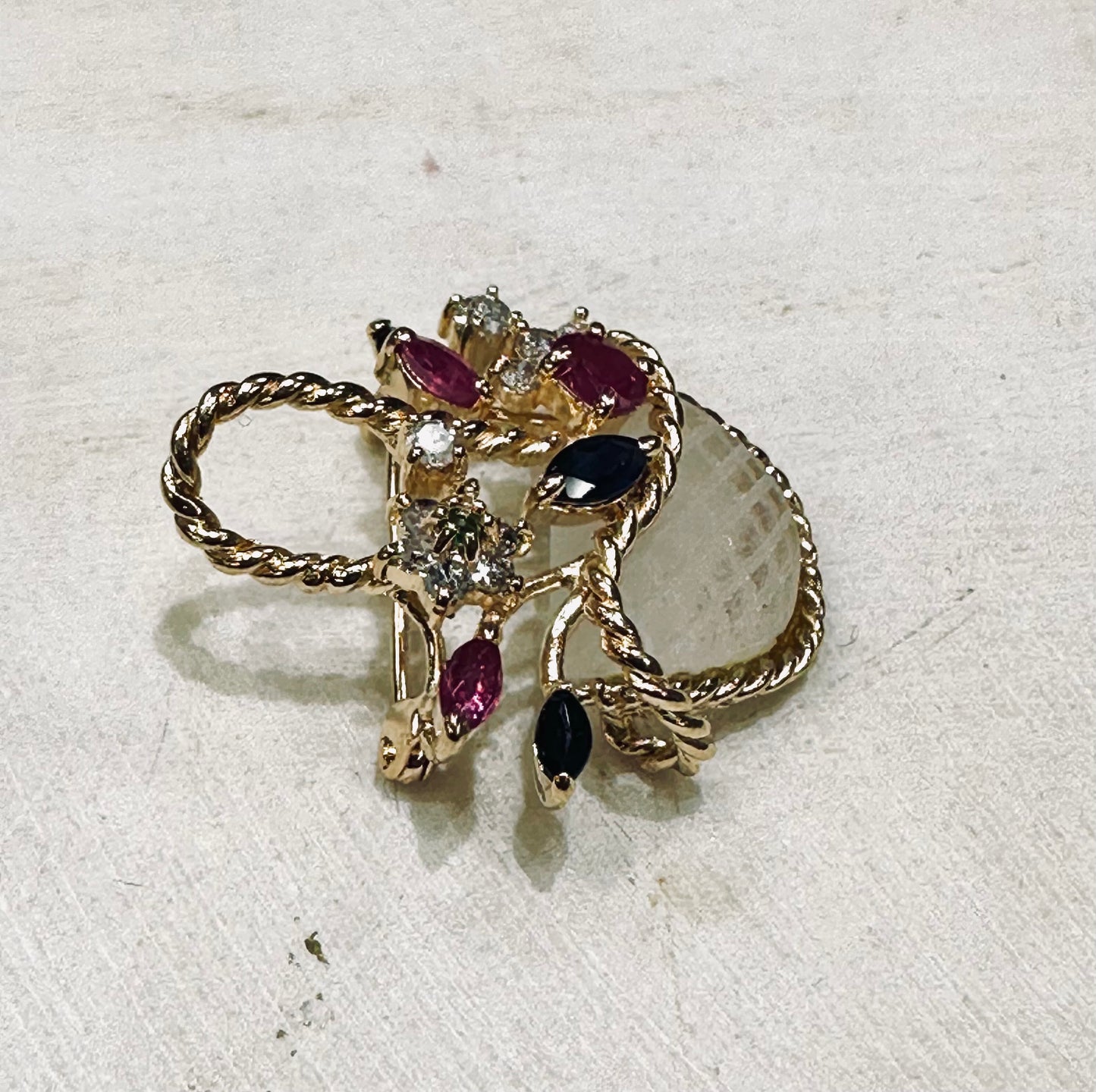 14k Yellow Gold Basket Brooch with Rubies and Sapphires and Diamonds and a Large Moon Stone Art Deco Vintage Piece