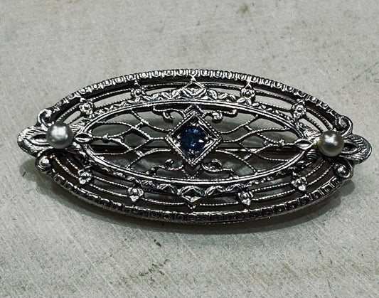 Antique White 14k Gold Art Deco Brooch with Blue Sapphire and Pearls