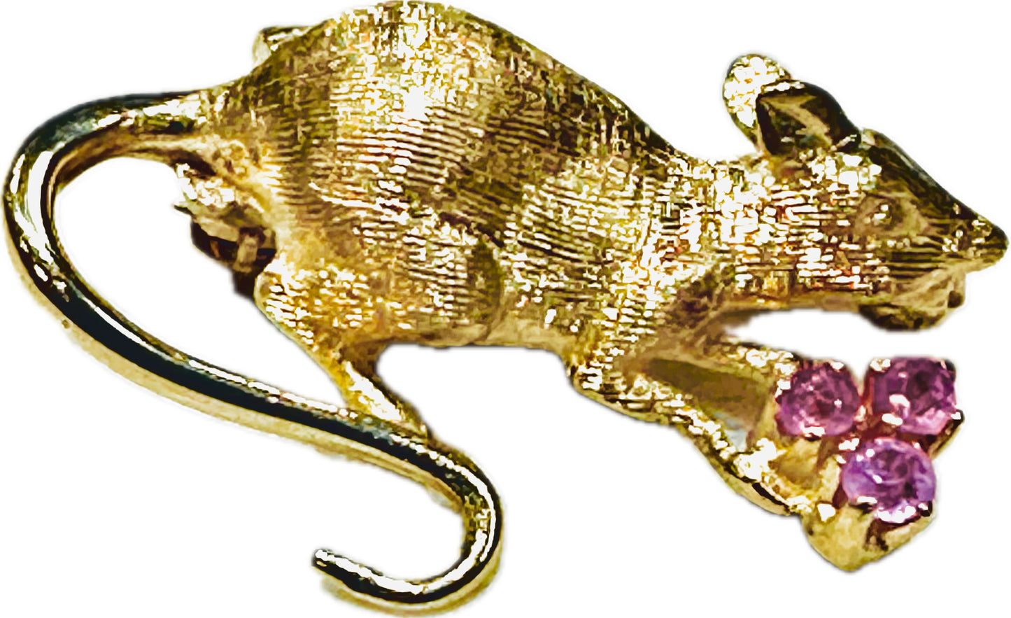 Mouse Pin Brooch 14K Yellow Gold Light Pink Ruby In Hands Vintage Piece, Mouse Jewelry, Estate Jewelry