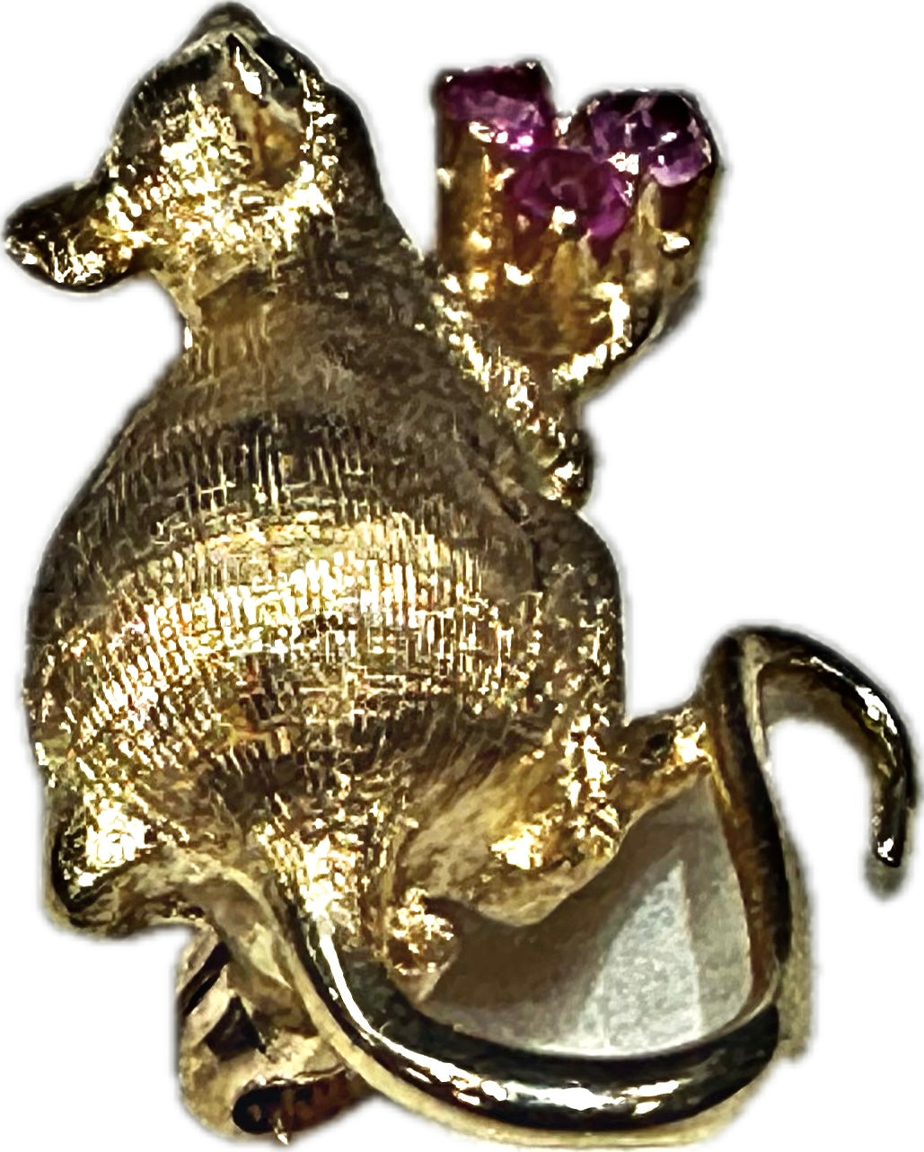 Mouse Pin Brooch 14K Yellow Gold Light Pink Ruby In Hands Vintage Piece, Mouse Jewelry, Estate Jewelry