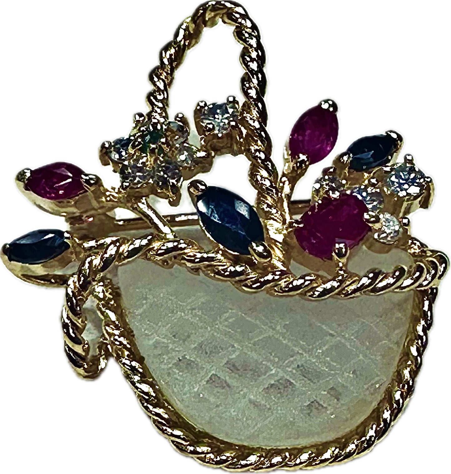 14k Yellow Gold Basket Brooch with Rubies and Sapphires and Diamonds and a Large Moon Stone Art Deco Vintage Piece