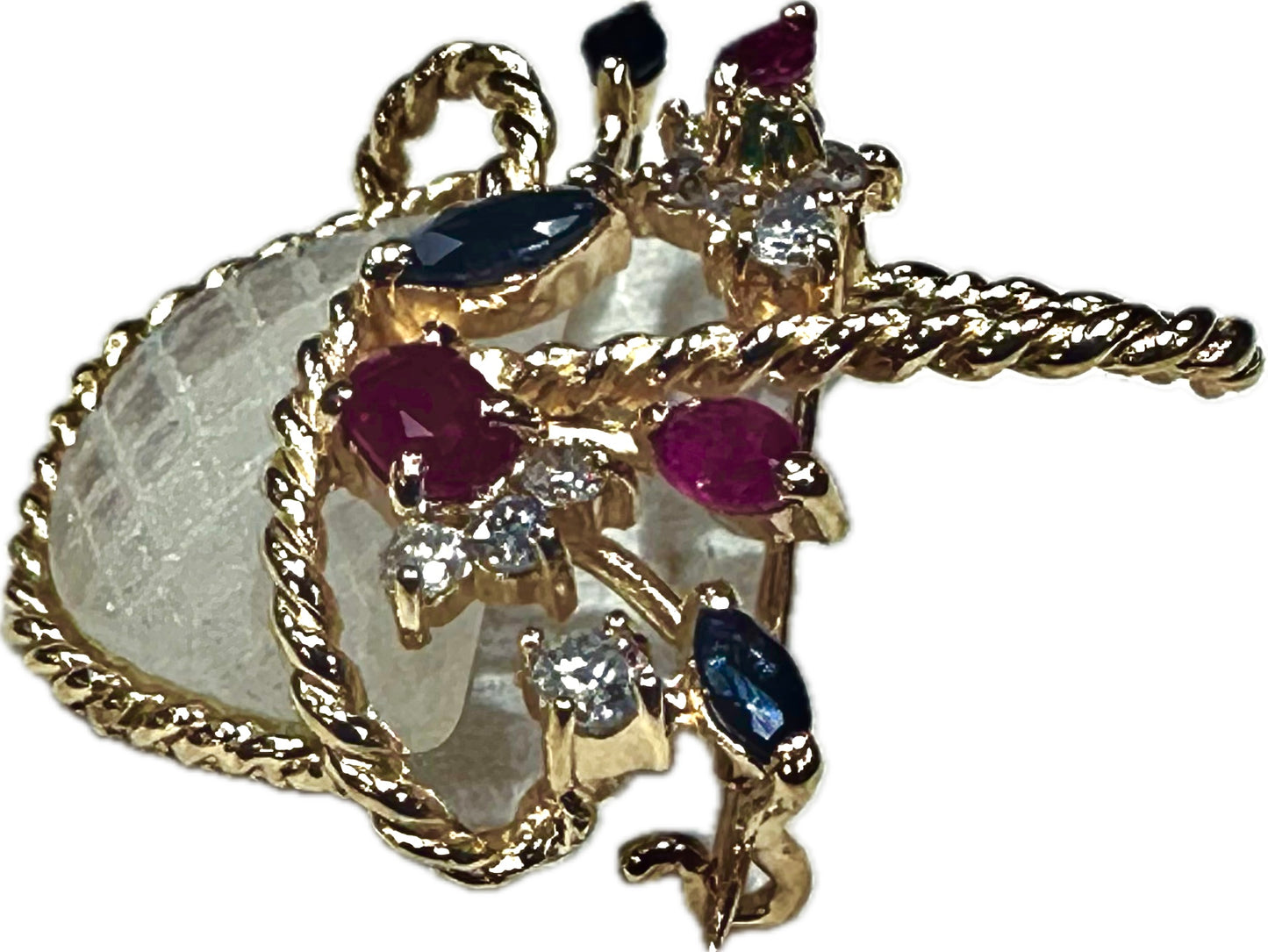 14k Yellow Gold Basket Brooch with Rubies and Sapphires and Diamonds and a Large Moon Stone Art Deco Vintage Piece