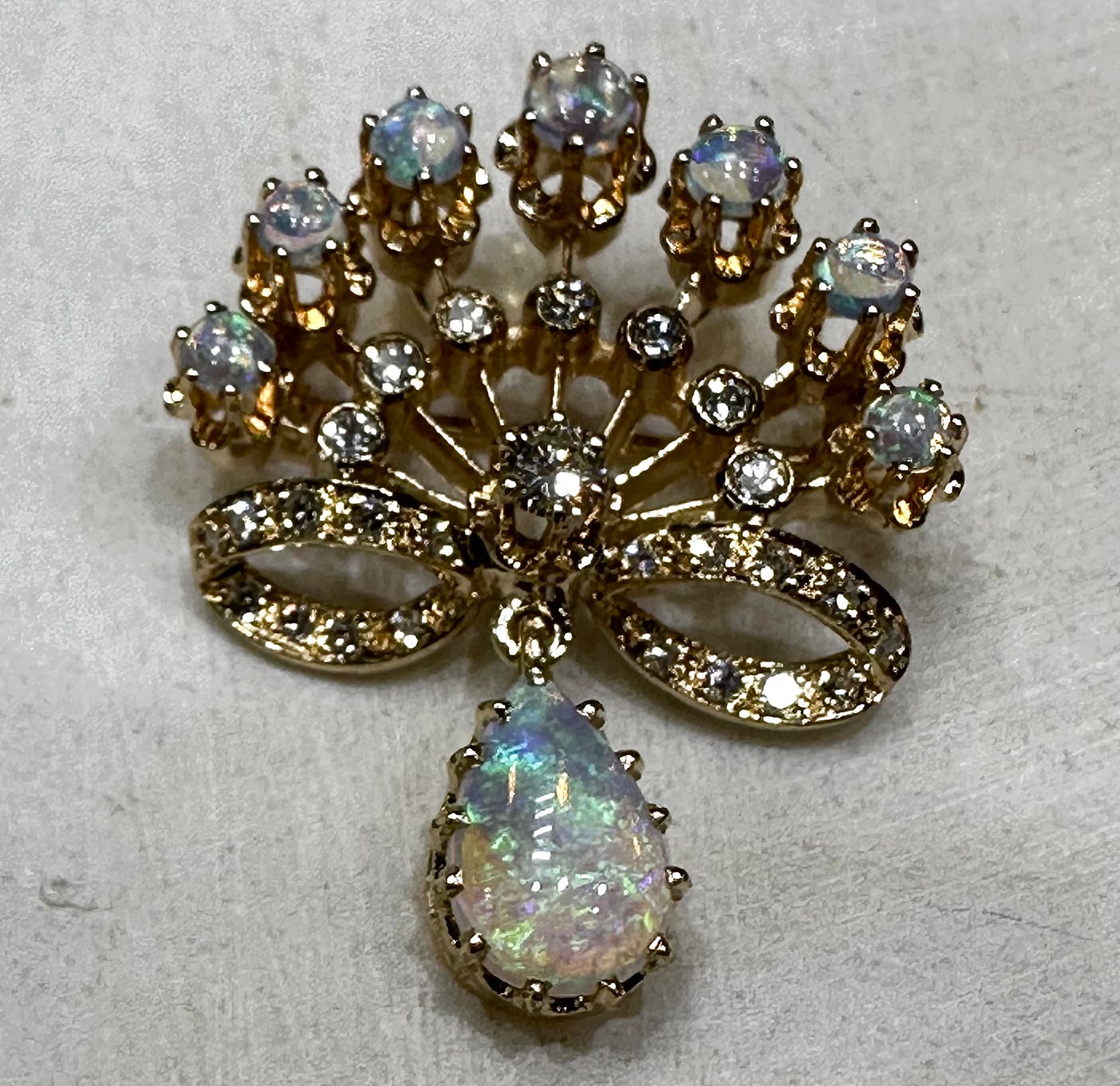 Radiant Victorian Revival Opals 9x6 mm Pear and Diamonds 27 points Dangle Brooch Pendant in Solid 14k Yellow Gold