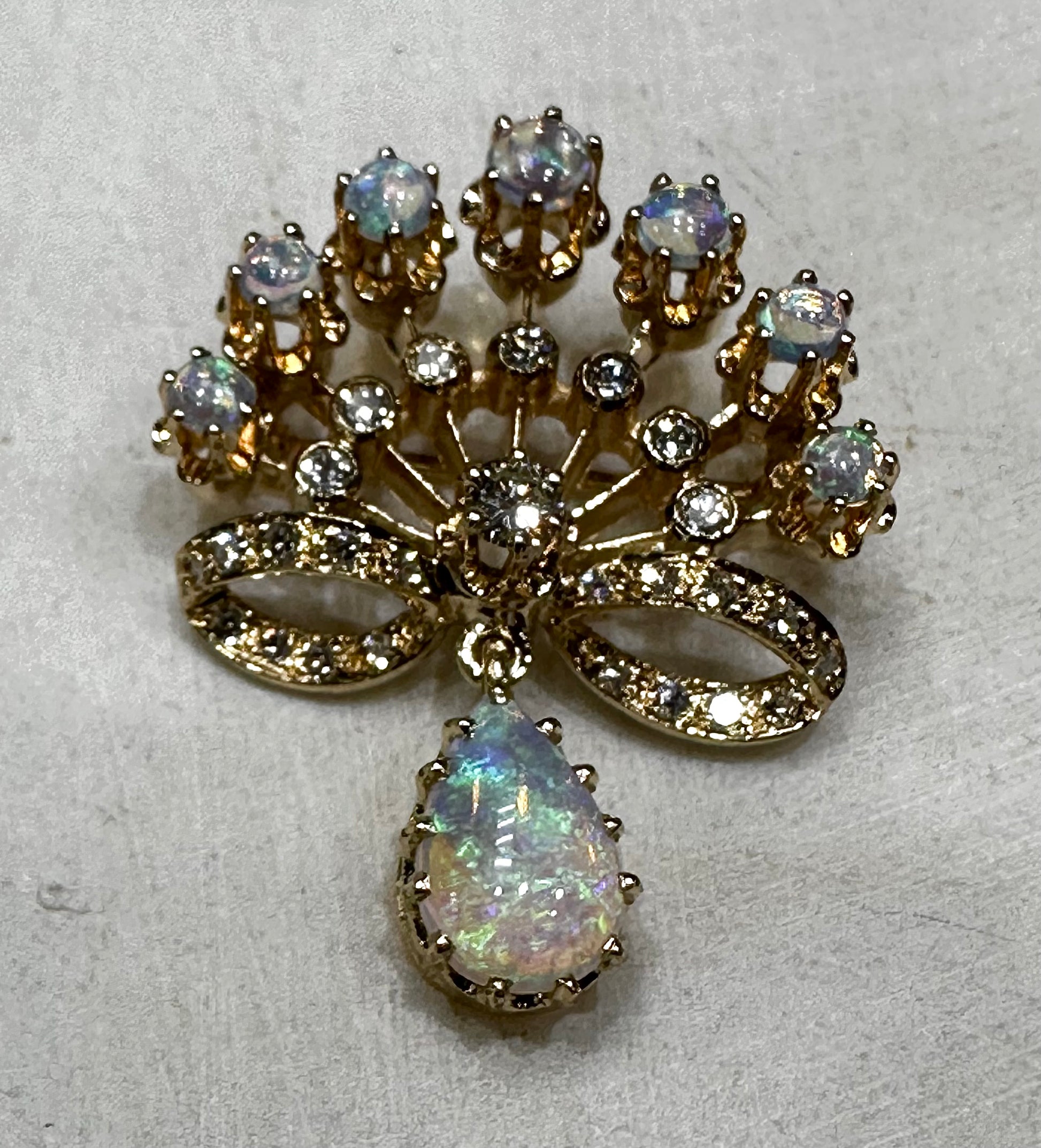 Radiant Victorian Revival Opals 9x6 mm Pear and Diamonds 27 points Dangle Brooch Pendant in Solid 14k Yellow Gold