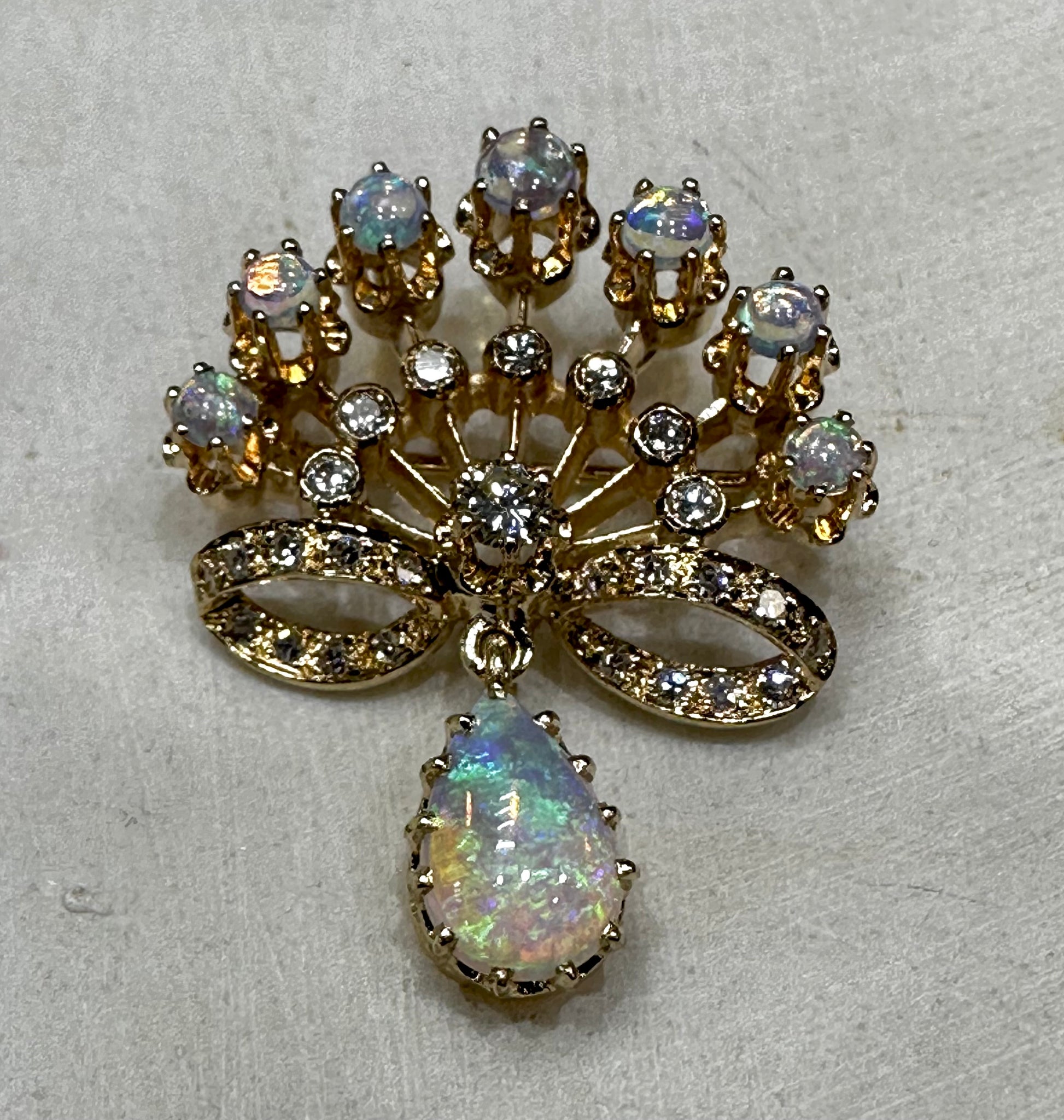 Radiant Victorian Revival Opals 9x6 mm Pear and Diamonds 27 points Dangle Brooch Pendant in Solid 14k Yellow Gold