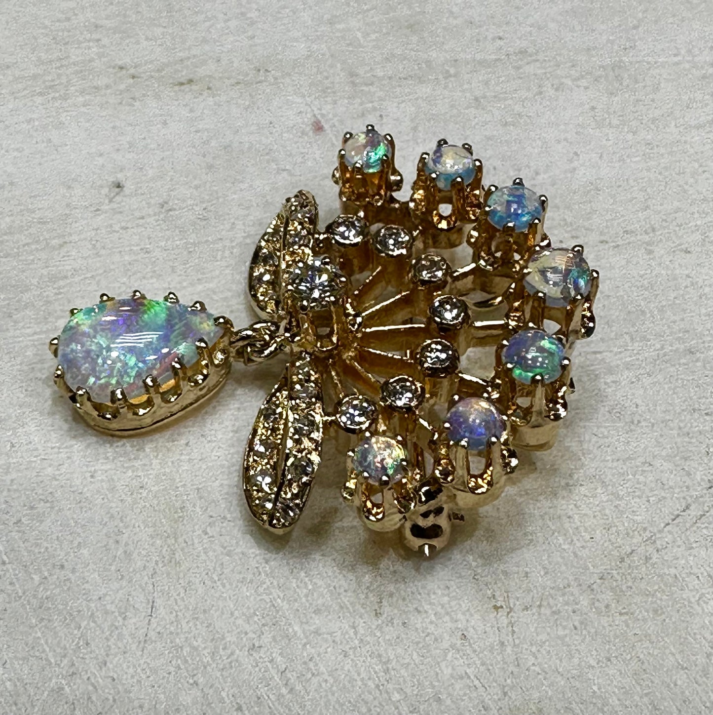 Radiant Victorian Revival Opals 9x6 mm Pear and Diamonds 27 points Dangle Brooch Pendant in Solid 14k Yellow Gold