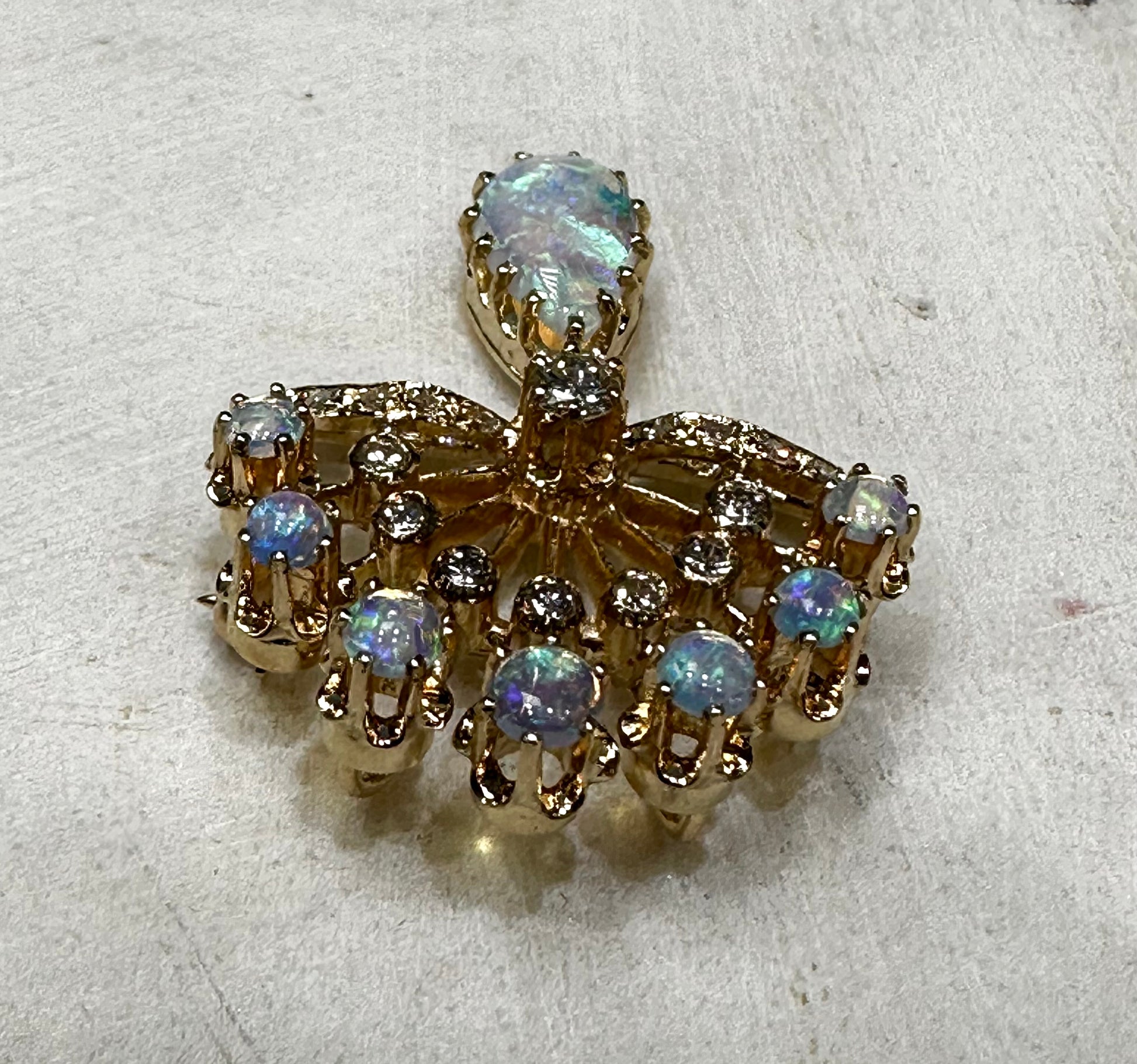 Radiant Victorian Revival Opals 9x6 mm Pear and Diamonds 27 points Dangle Brooch Pendant in Solid 14k Yellow Gold