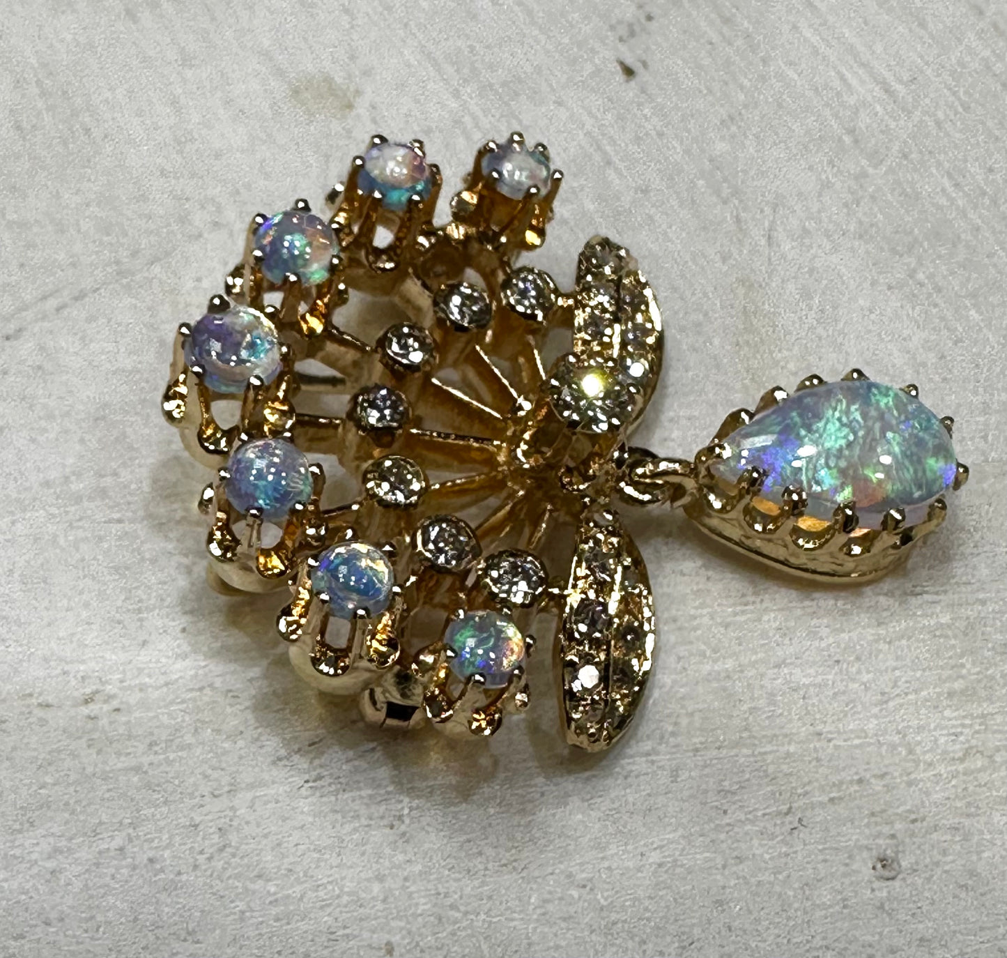 Radiant Victorian Revival Opals 9x6 mm Pear and Diamonds 27 points Dangle Brooch Pendant in Solid 14k Yellow Gold