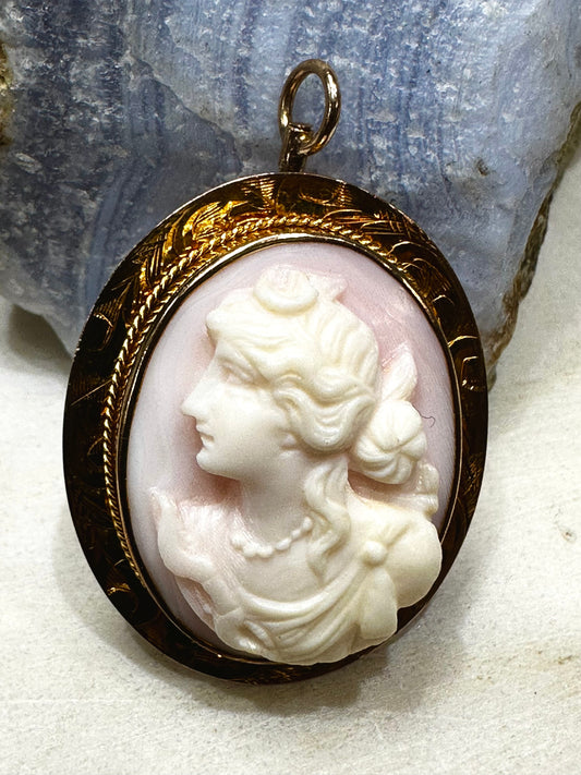 Antique 10k Yellow and Rose Gold Victorian Oval Carved Shell Cameo Multi-wear Brooch or Pendant