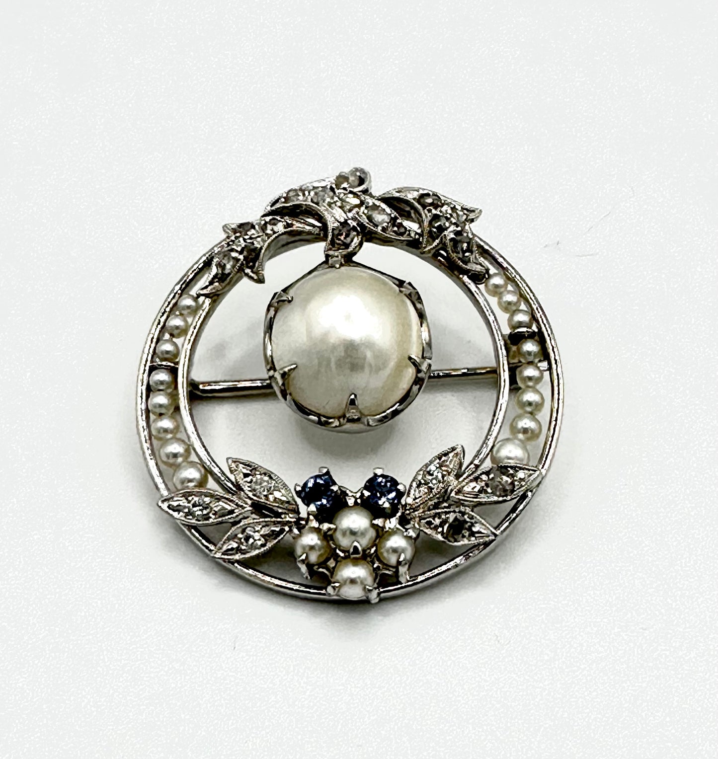 Antique Victorian Large Natural Pearl Diamond Brooch 14kw 8.4 Grams 25 Points of Diamonds 11mm Pearl