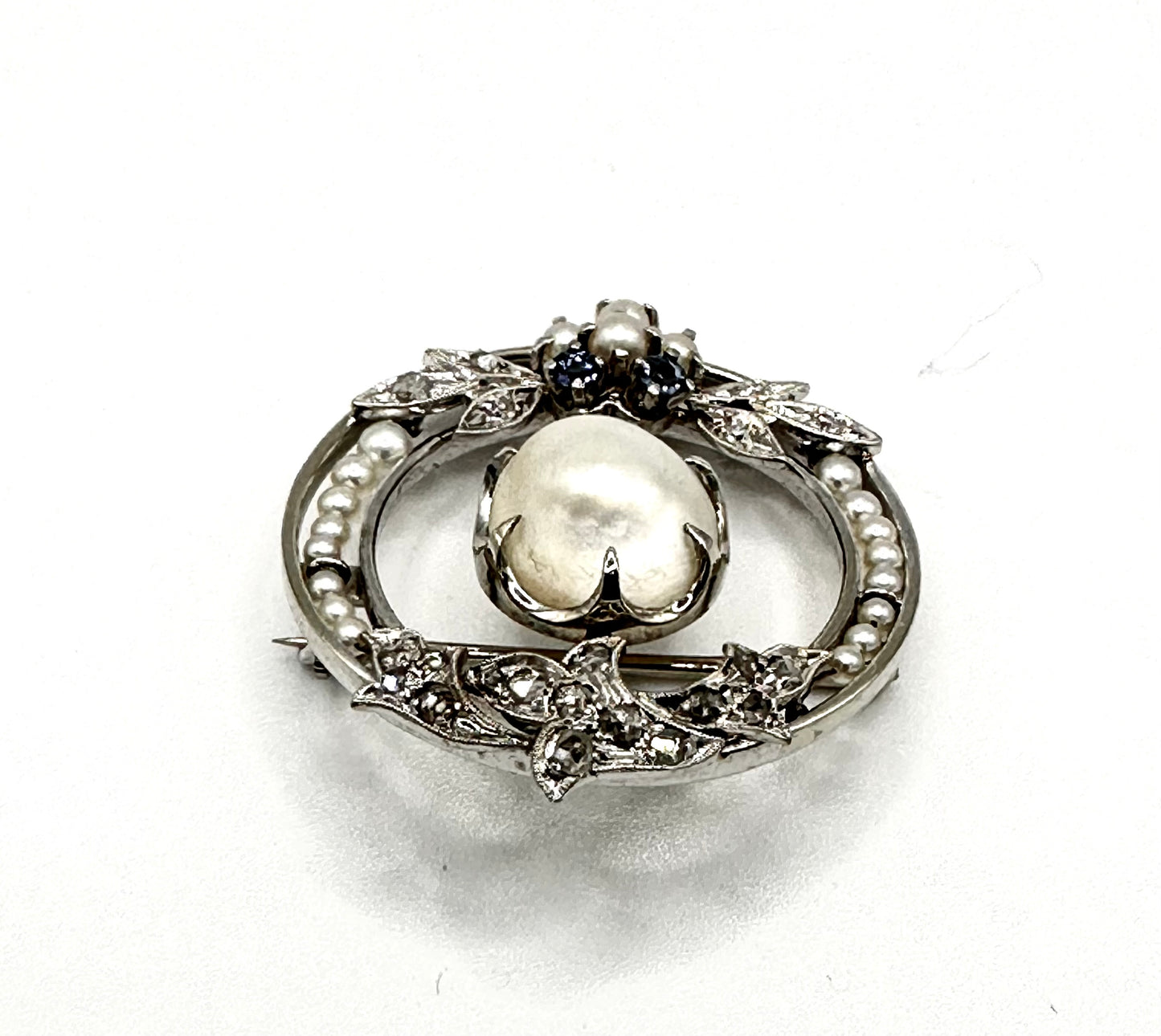 Antique Victorian Large Natural Pearl Diamond Brooch 14kw 8.4 Grams 25 Points of Diamonds 11mm Pearl