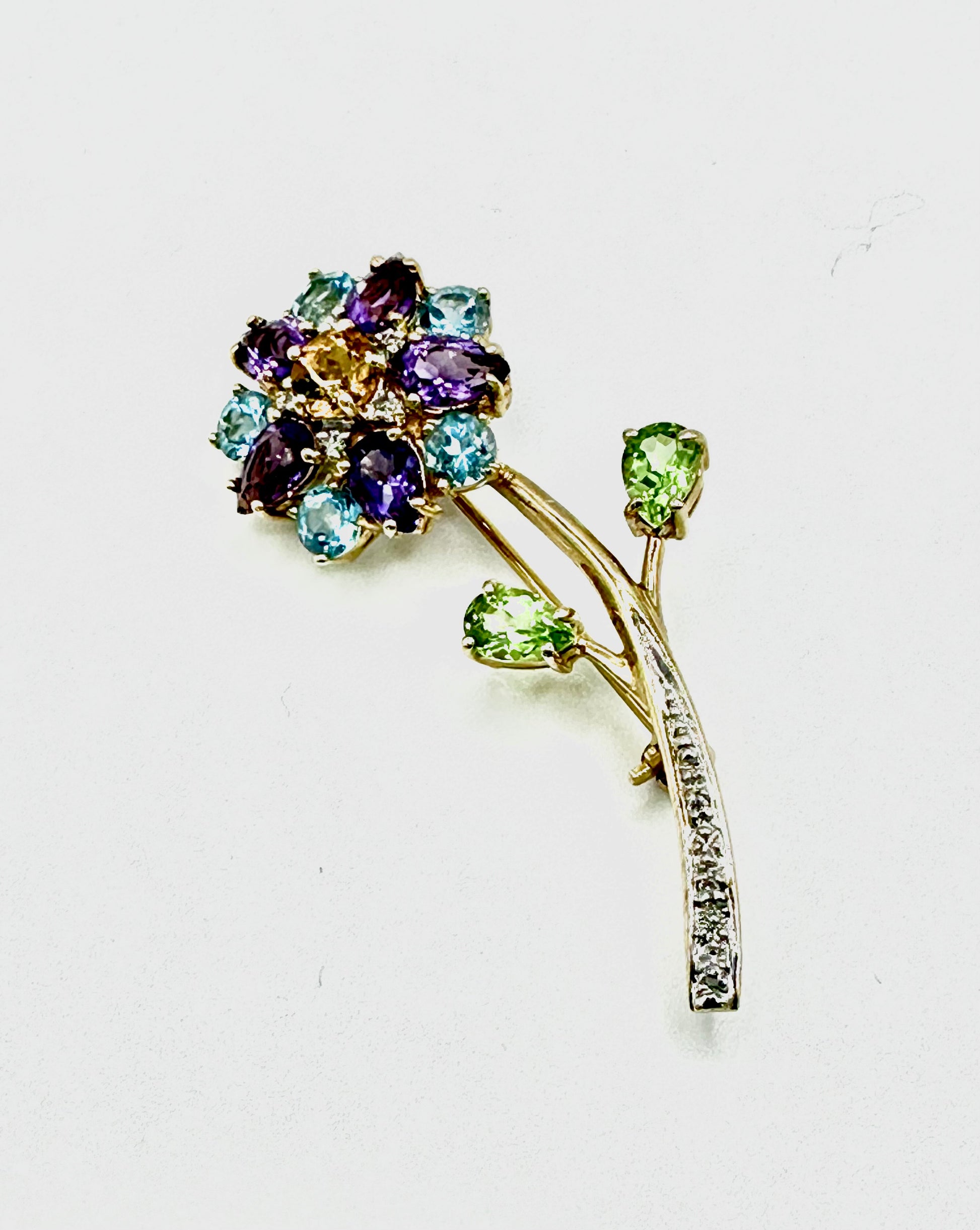 Estate Gemstone Brooch Vintage 14K Solid Yellow Gold Natural Citrine Amethyst Peridot Blue Topaz With diamonds Flower Pin Brooch 6.1 grams