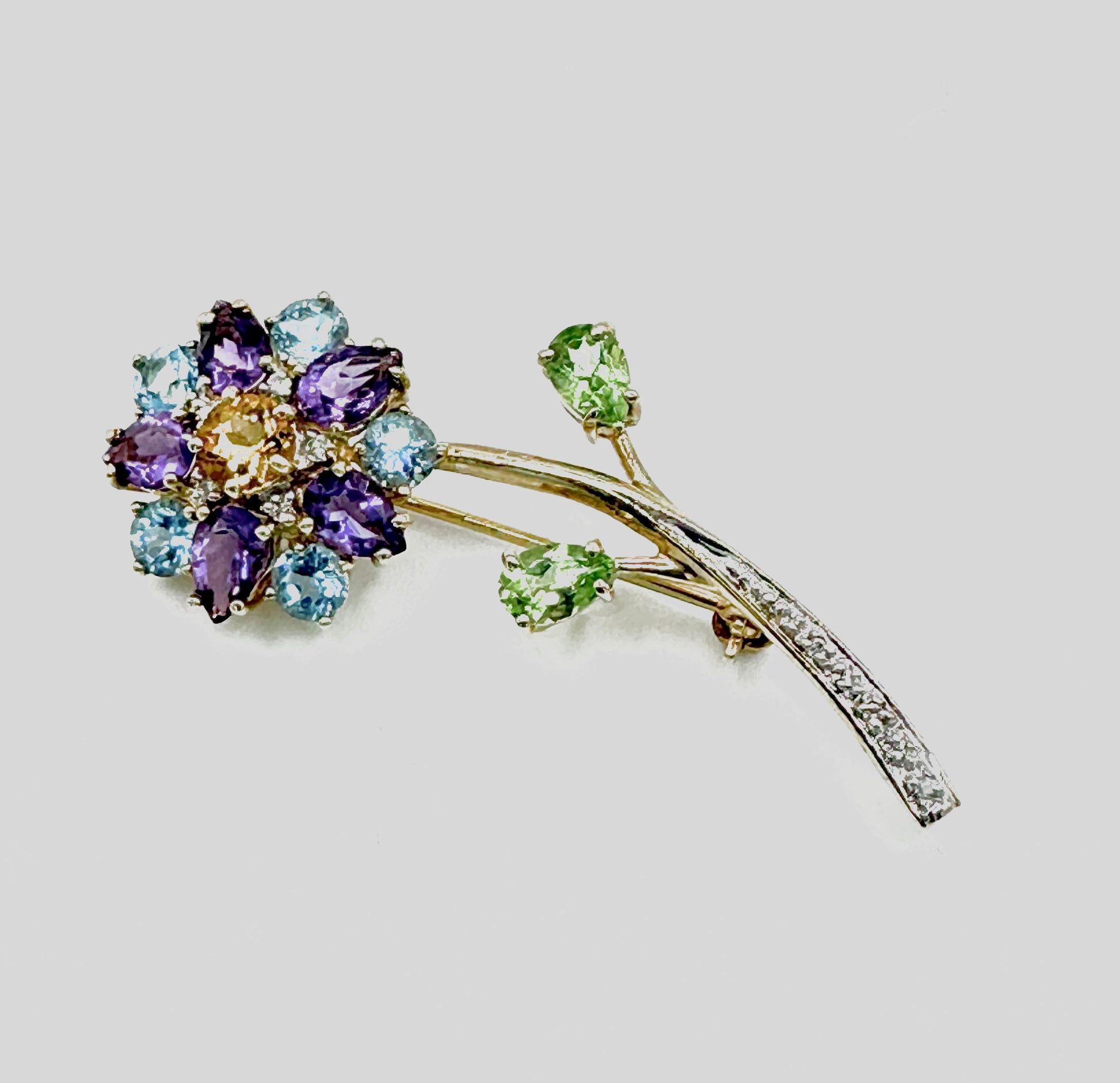 Estate Gemstone Brooch Vintage 14K Solid Yellow Gold Natural Citrine Amethyst Peridot Blue Topaz With diamonds Flower Pin Brooch 6.1 grams