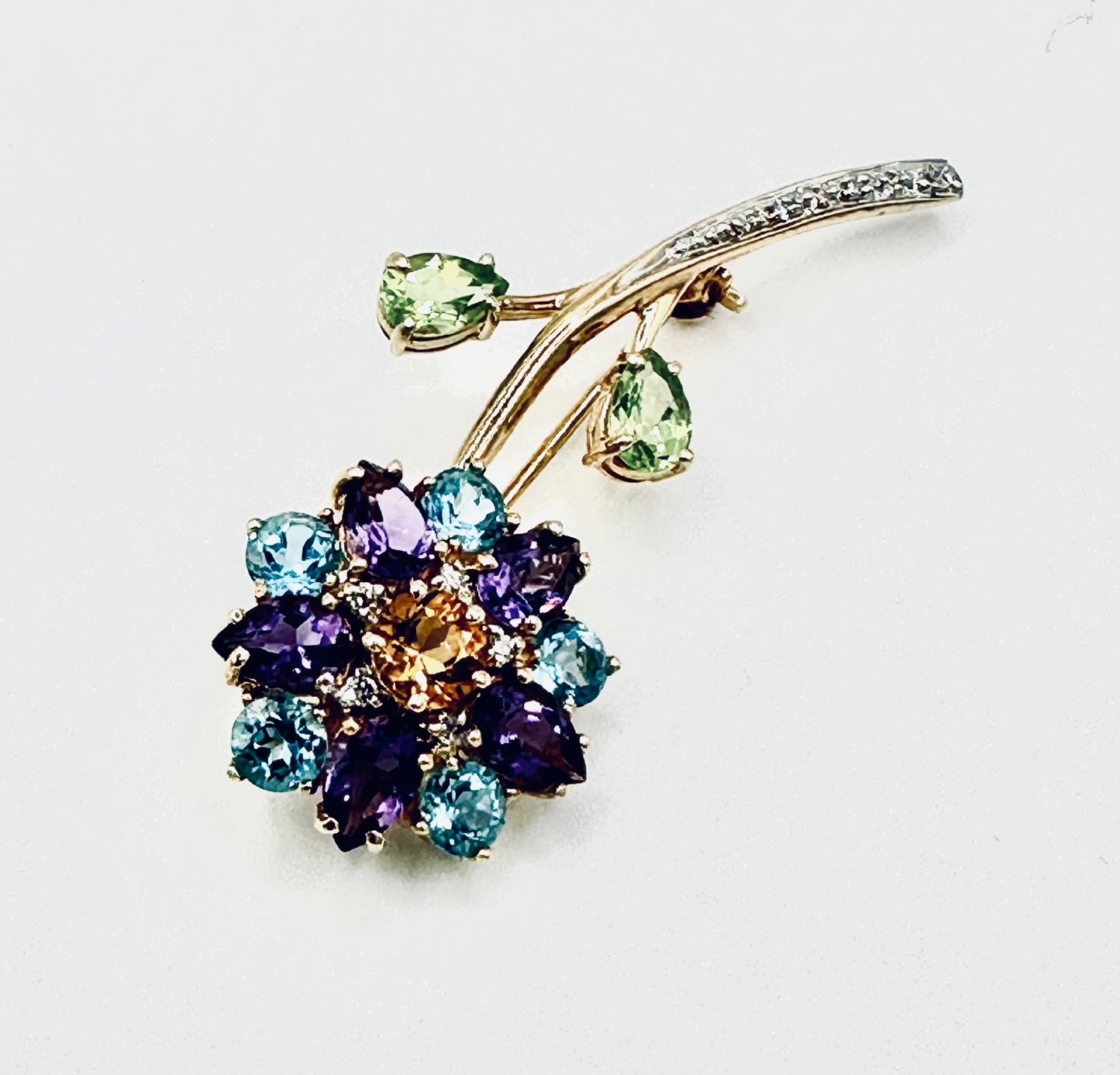 Estate Gemstone Brooch Vintage 14K Solid Yellow Gold Natural Citrine Amethyst Peridot Blue Topaz With diamonds Flower Pin Brooch 6.1 grams