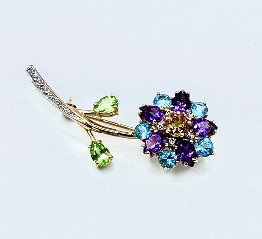 Estate Gemstone Brooch Vintage 14K Solid Yellow Gold Natural Citrine Amethyst Peridot Blue Topaz With diamonds Flower Pin Brooch 6.1 grams