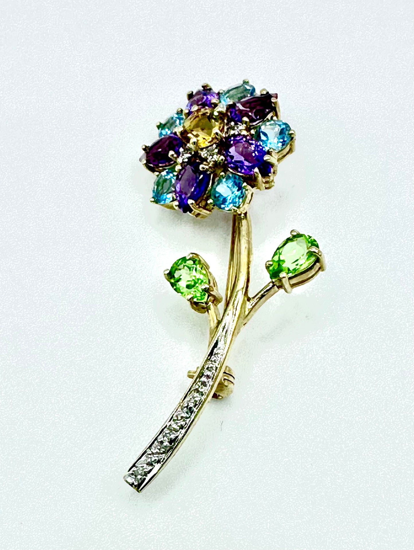 Estate Gemstone Brooch Vintage 14K Solid Yellow Gold Natural Citrine Amethyst Peridot Blue Topaz With diamonds Flower Pin Brooch 6.1 grams