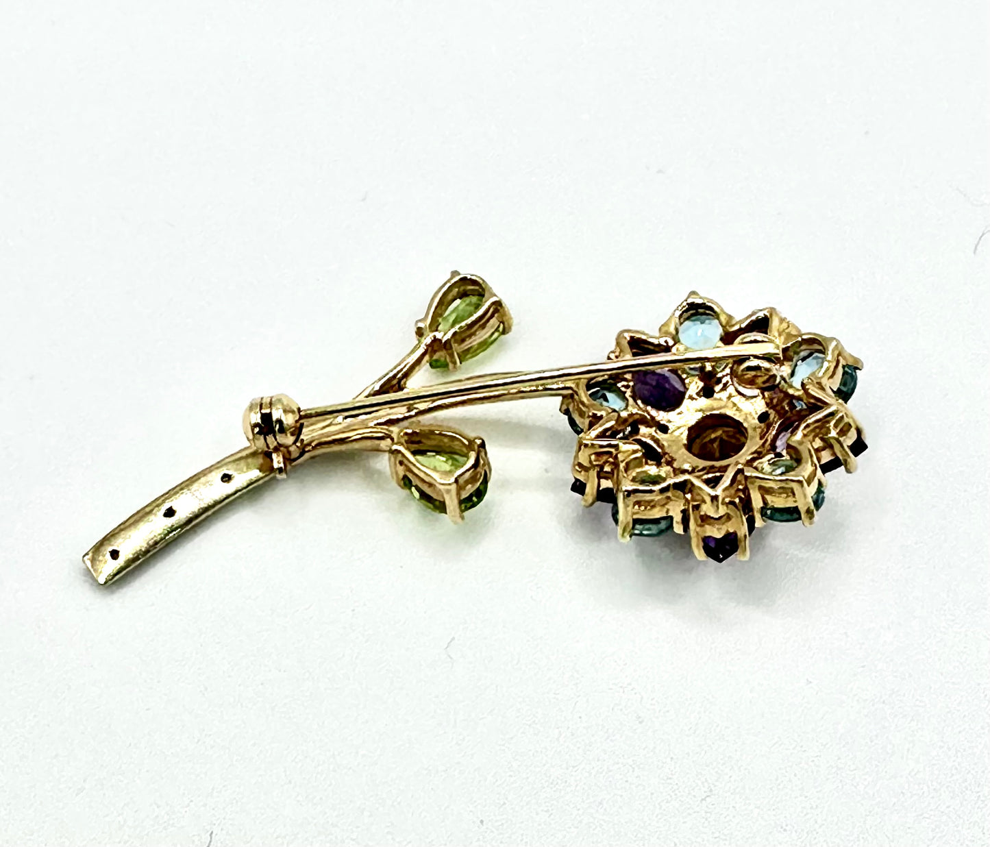 Estate Gemstone Brooch Vintage 14K Solid Yellow Gold Natural Citrine Amethyst Peridot Blue Topaz With diamonds Flower Pin Brooch 6.1 grams