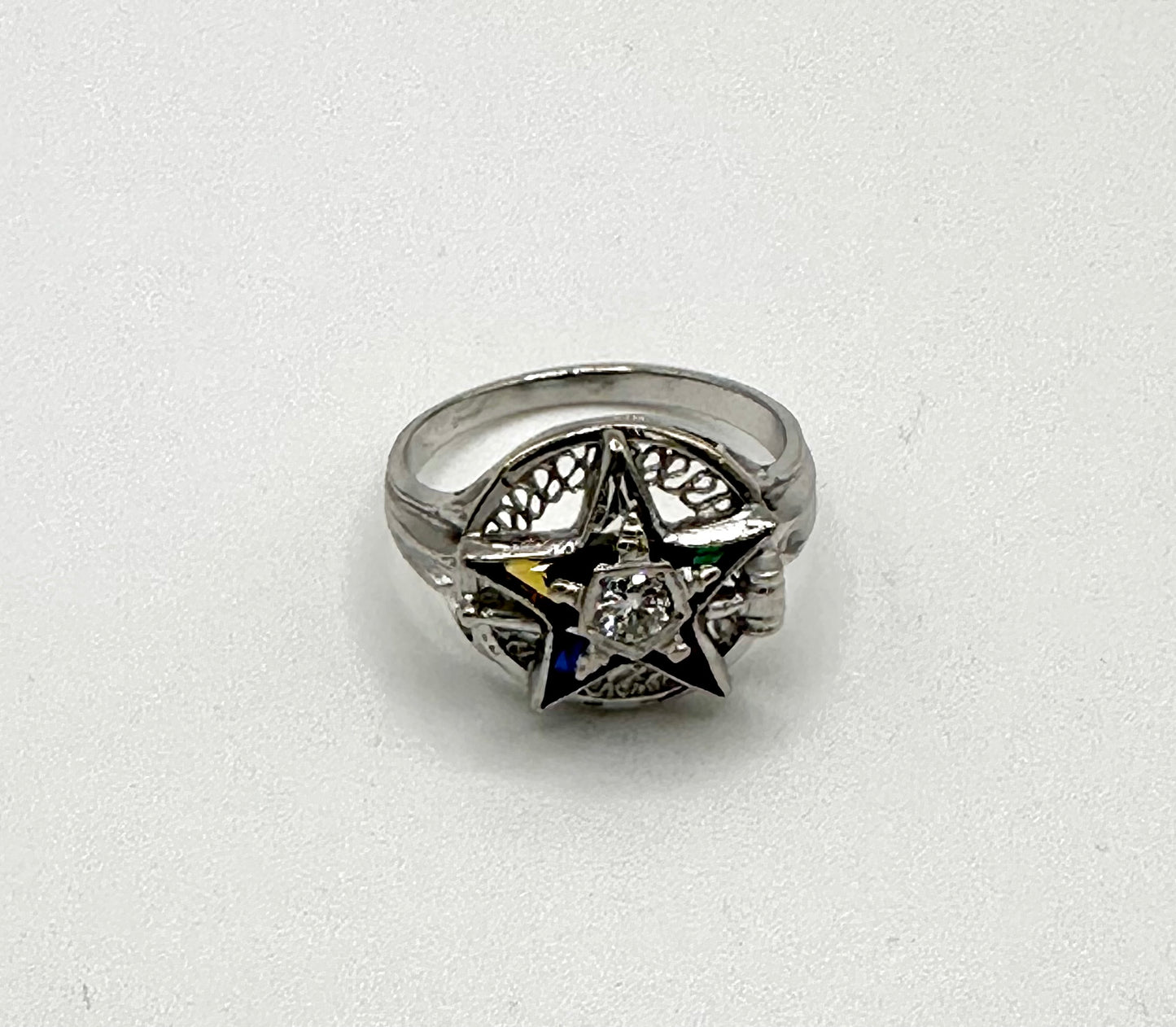 Vintage Order Eastern Star Ring 14k Gold Diamond Lab Created Gemstones and Diamond Masonic OES Freemasonry