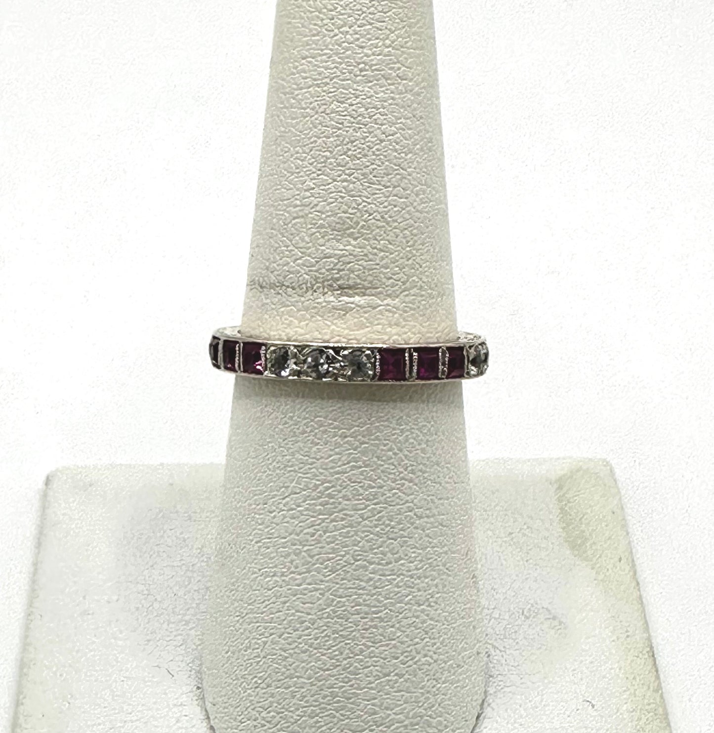 Art Deco Square Princess Ruby & Spinel Eternity Band Size 7.25, Vintage Stacking Ring White Gold and Yellow Gold two Tone 9ct From England