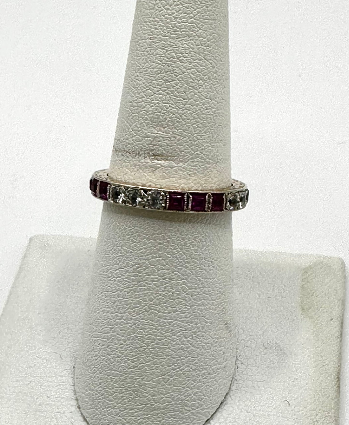 Art Deco Square Princess Ruby & Spinel Eternity Band Size 7.25, Vintage Stacking Ring White Gold and Yellow Gold two Tone 9ct From England