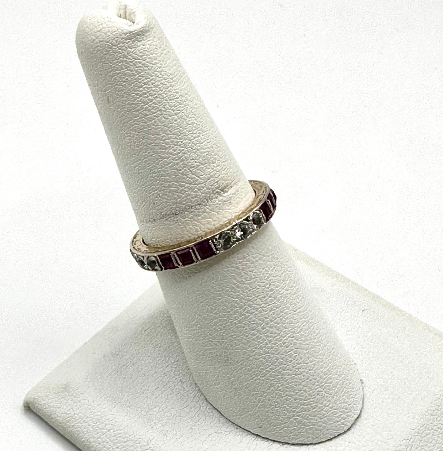 Art Deco Square Princess Ruby & Spinel Eternity Band Size 7.25, Vintage Stacking Ring White Gold and Yellow Gold two Tone 9ct From England