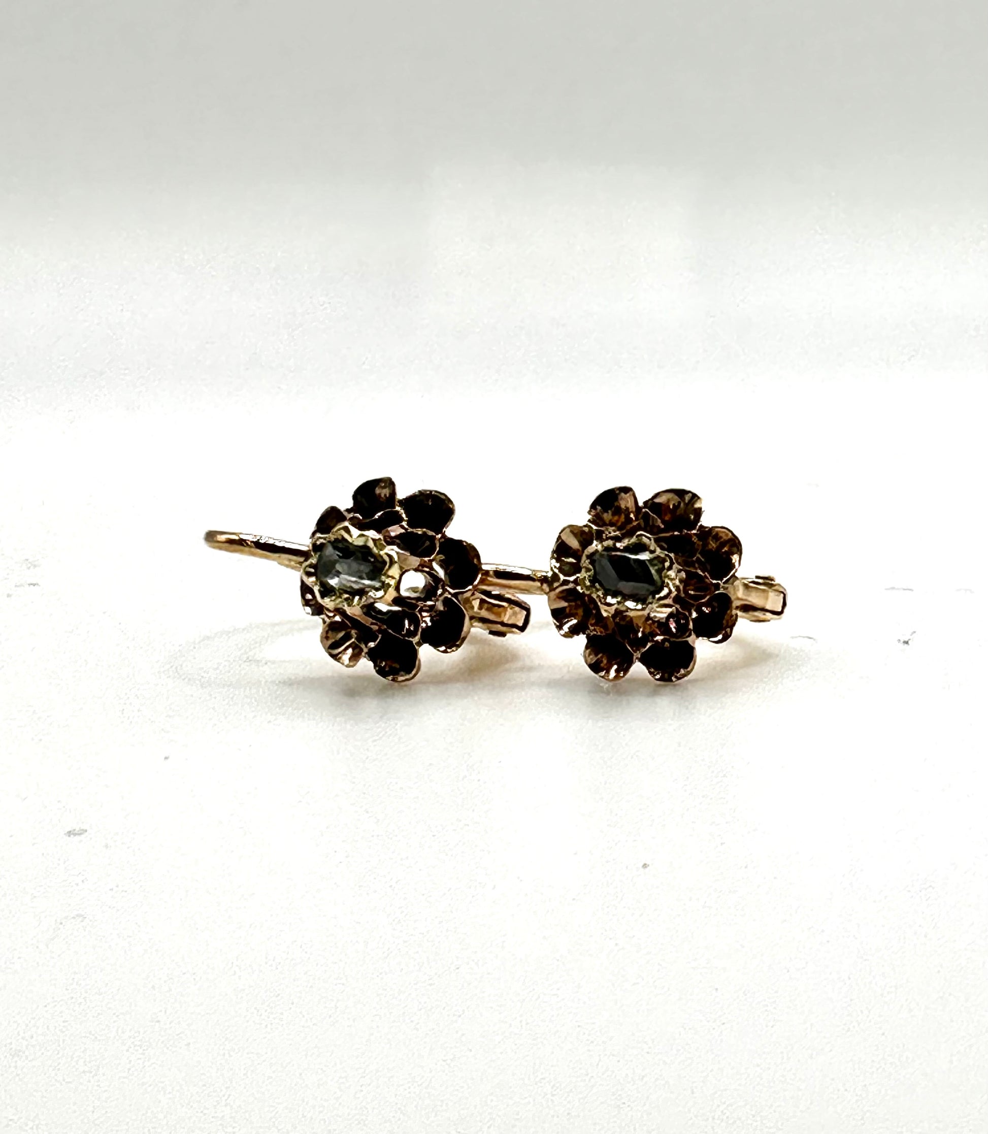 Early *VICTORIAN* French 14k Gold Table Top or Rose Cut Diamond Dormeuses Earrings Antique piece