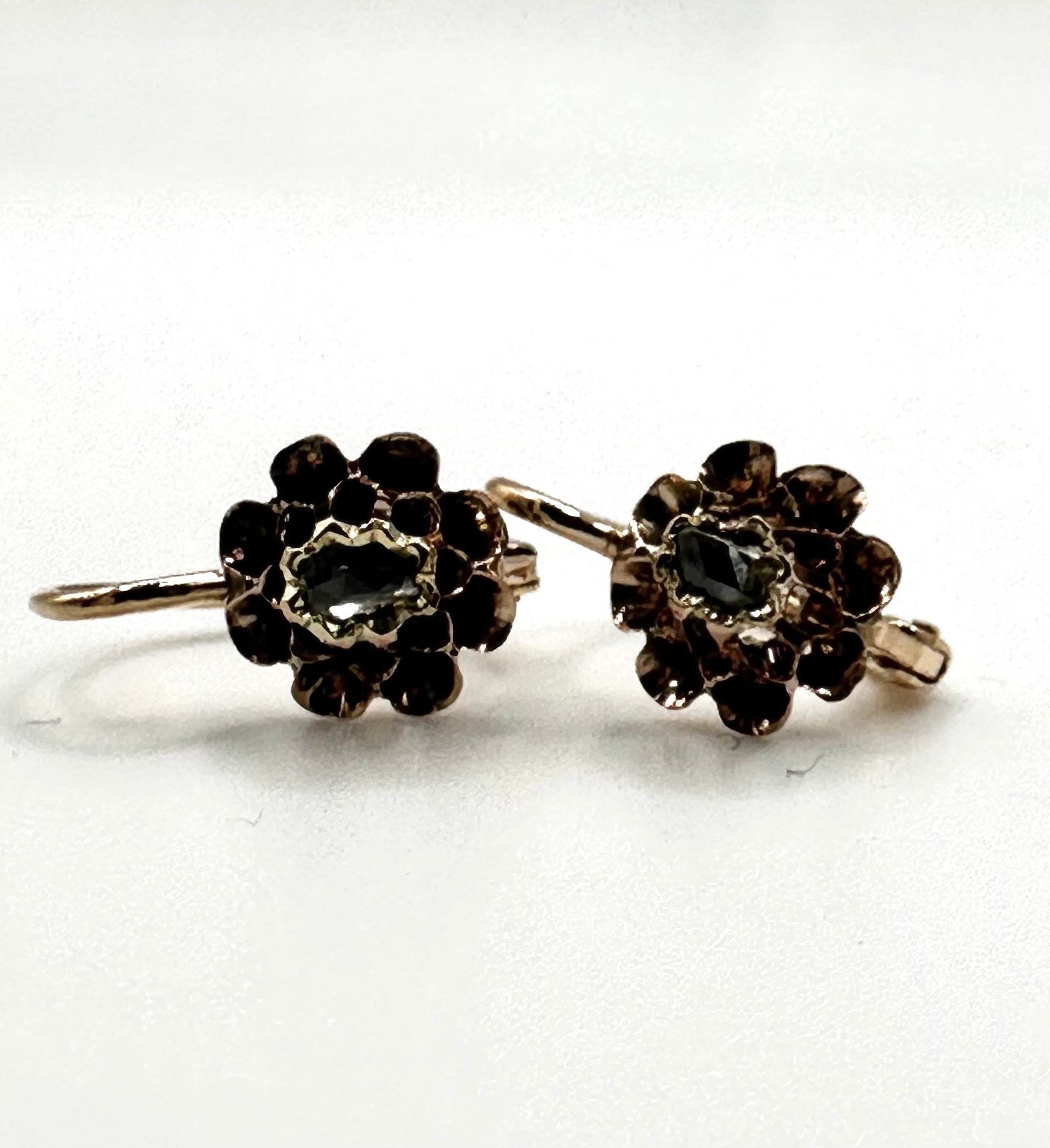 Early *VICTORIAN* French 14k Gold Table Top or Rose Cut Diamond Dormeuses Earrings Antique piece